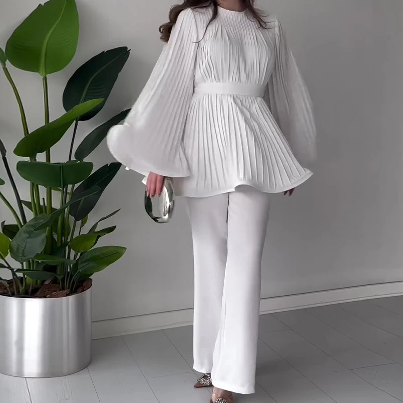 Monochrome Long Sleeved Loose Two Piece Sets Lady O Neck Lace Up Top + Long Pants Suit New 2024 Autumn Pleated Commuting Outfit