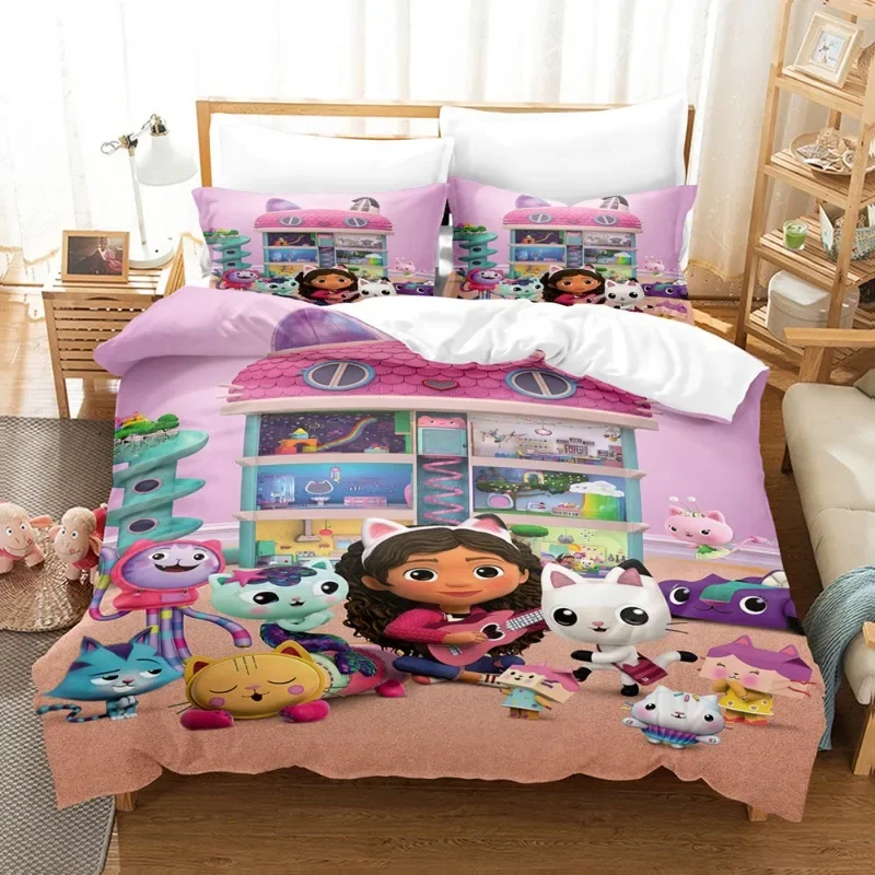 Gabby Dollhouse 3pcs Bedding Set Cartoon Cute Print Sweet Girls Bedroom Exquisite Duvet Cover Pillowcase Children Birthday Gifts