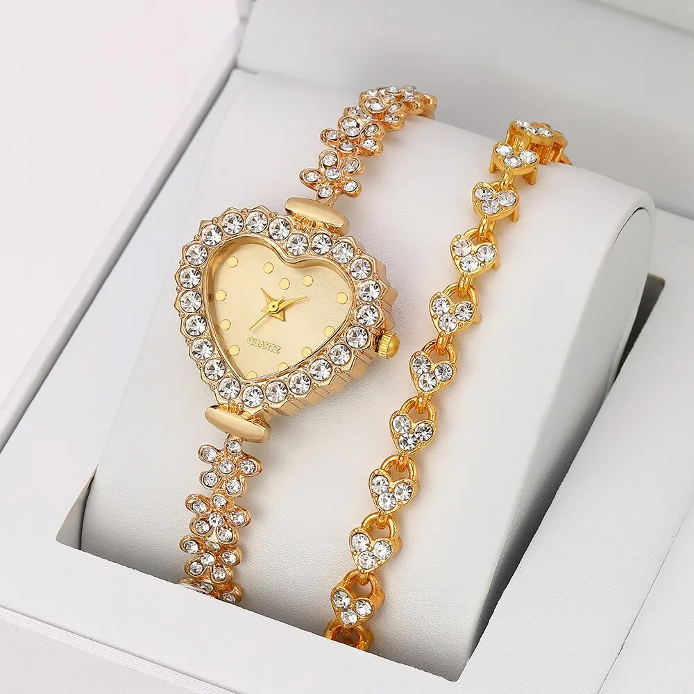 2PCS Set Women Luxury Business Watches Casual Rhinestone Bracelet Ladies Heart Dial Quartz Wristwatches Dress Clock Montre Femme