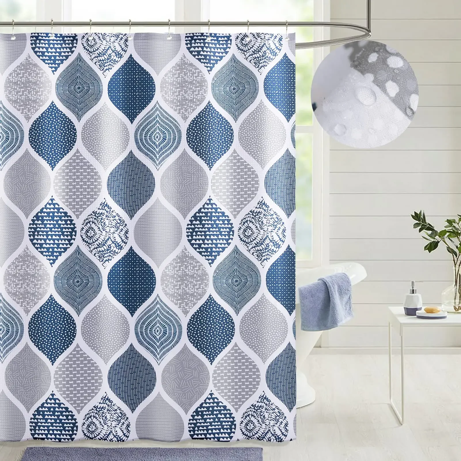 Moroccan Shower Curtain Blue Watercolor Geometric Quatrefoil Shower Curtains for Bathroom Retro Texture Fabric Bathroom Curtain