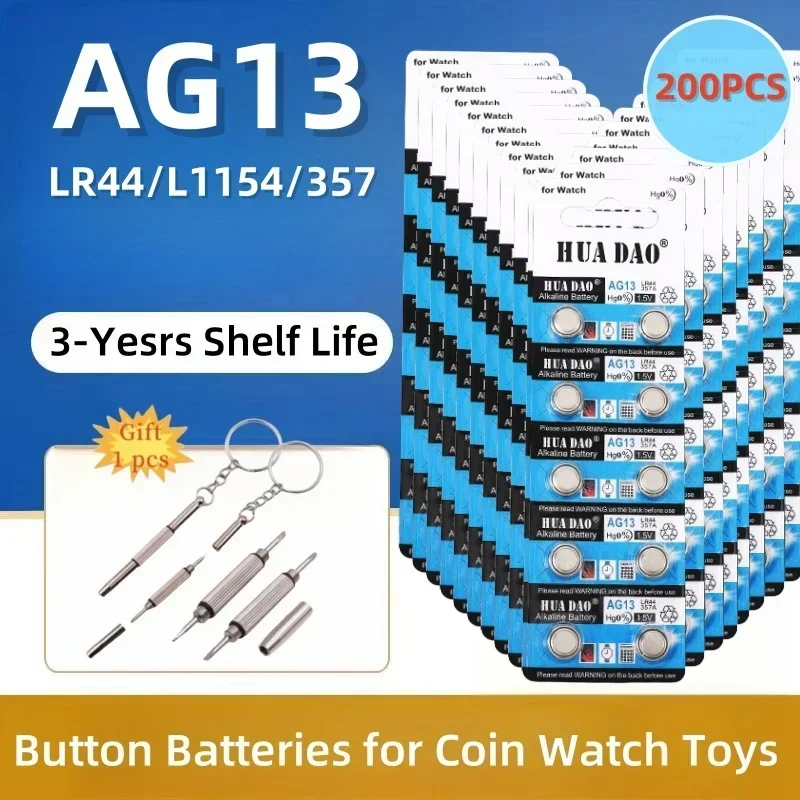 New200pcs 1.55V AG13 Coin Cell Battery RW82 SR1154 SP76 LR44 357 357A S76E G13 Alkaline Button For Watch Electronic Remote