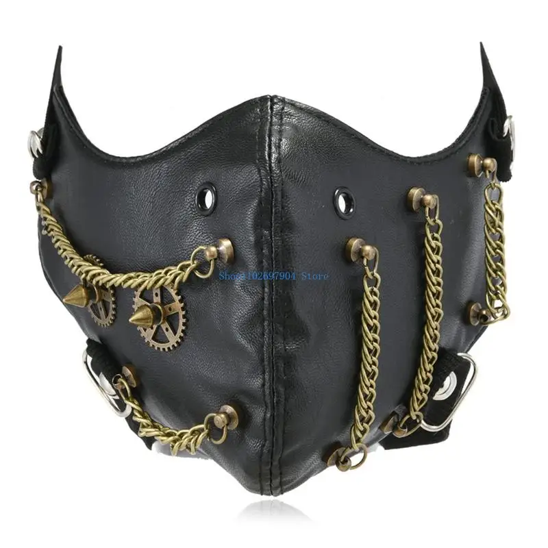 

N7YF PU Leather Roleplay Face Covering Metal Chain Halloween Party Accessory