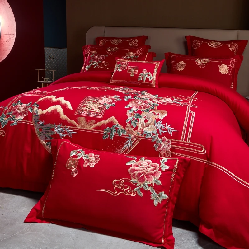 Classic Chinese Wedding Style Bedding Set Luxury Flowers Embroidery Red Duvet Cover Bed Sheet Pillowcases Home Textile