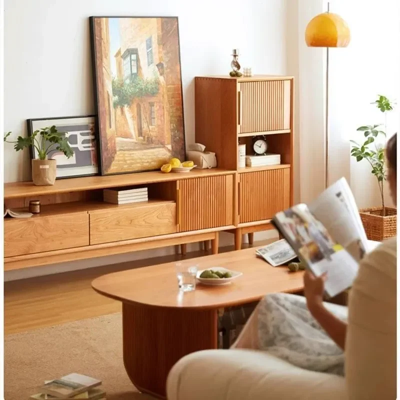 Nordic Solid Wood TV Cabinet Simple Audio Visual Console Log Style Floor Storage Locker Japanese Sideboard Antique Design