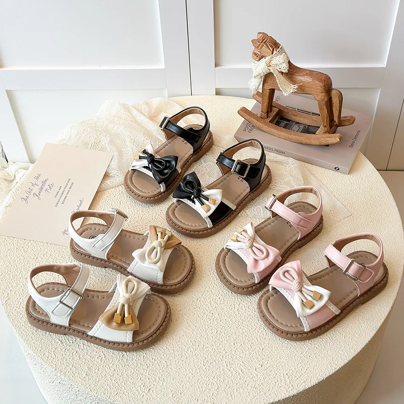 

Girls Bow Open-toe Sandals Pink Summer New Pink Girls Princess Shoes White Fashion Hundred Children Roman Sandals