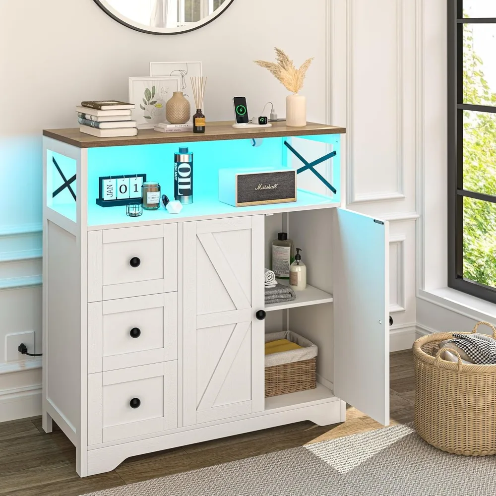 Farmhouse LED Storage Cabinet with Doors and Shelves, Freesthanding Kitchen Pantry Cabinet with Drawers and Power Outlet, Wood