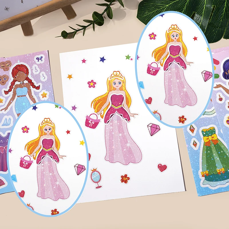 8PC/Set Fairy Tale Princess Face Change Sticker Cute Colorful Dress Up Sticker for Scrapbook Journal DIY Cartoon Girl Puzzle Toy