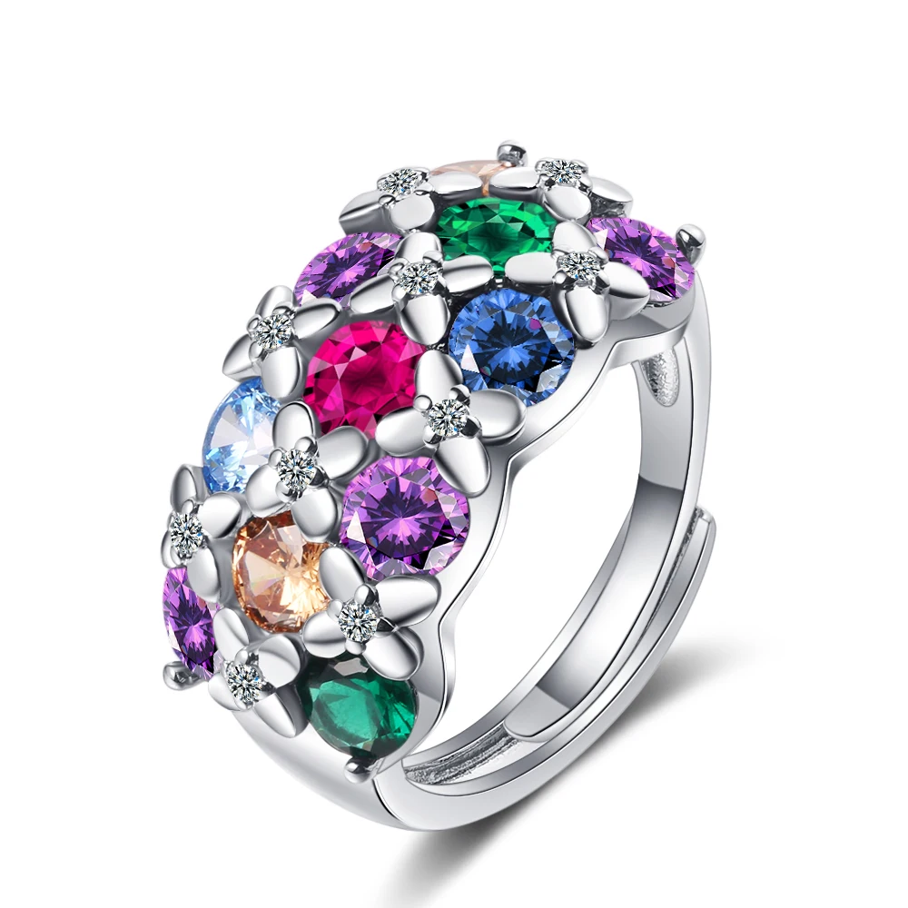 Anillo Apilable de Plata de Ley 925 con Flores y Piedras Preciosas Coloridas: Amatista Natural, Citrino, Granate, Topacio, Peridoto y Zafiro para Mujer