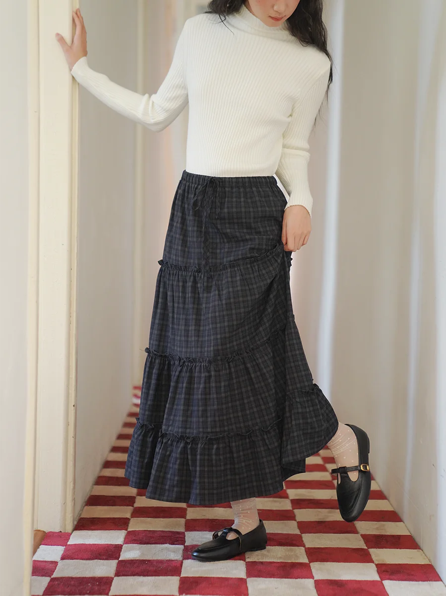 

Новая эластичная юбка-миди в клетку с завышенной талией, французский стиль, повседневная, из полиэстера и вискозы