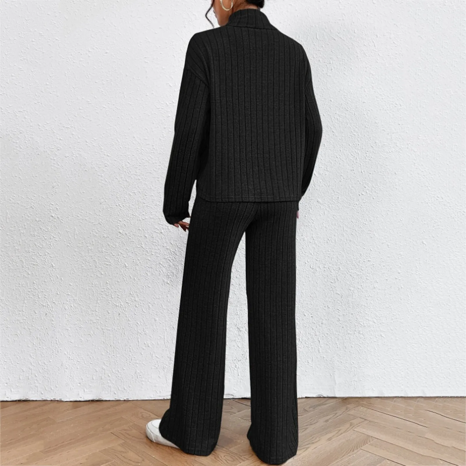 Women\'S Two Piece Knit Matching Outfits Winter Warm Ribbed Turtleneck Sweaters And Wide Leg Pants Tracksuit Sets Pant Suit Pull