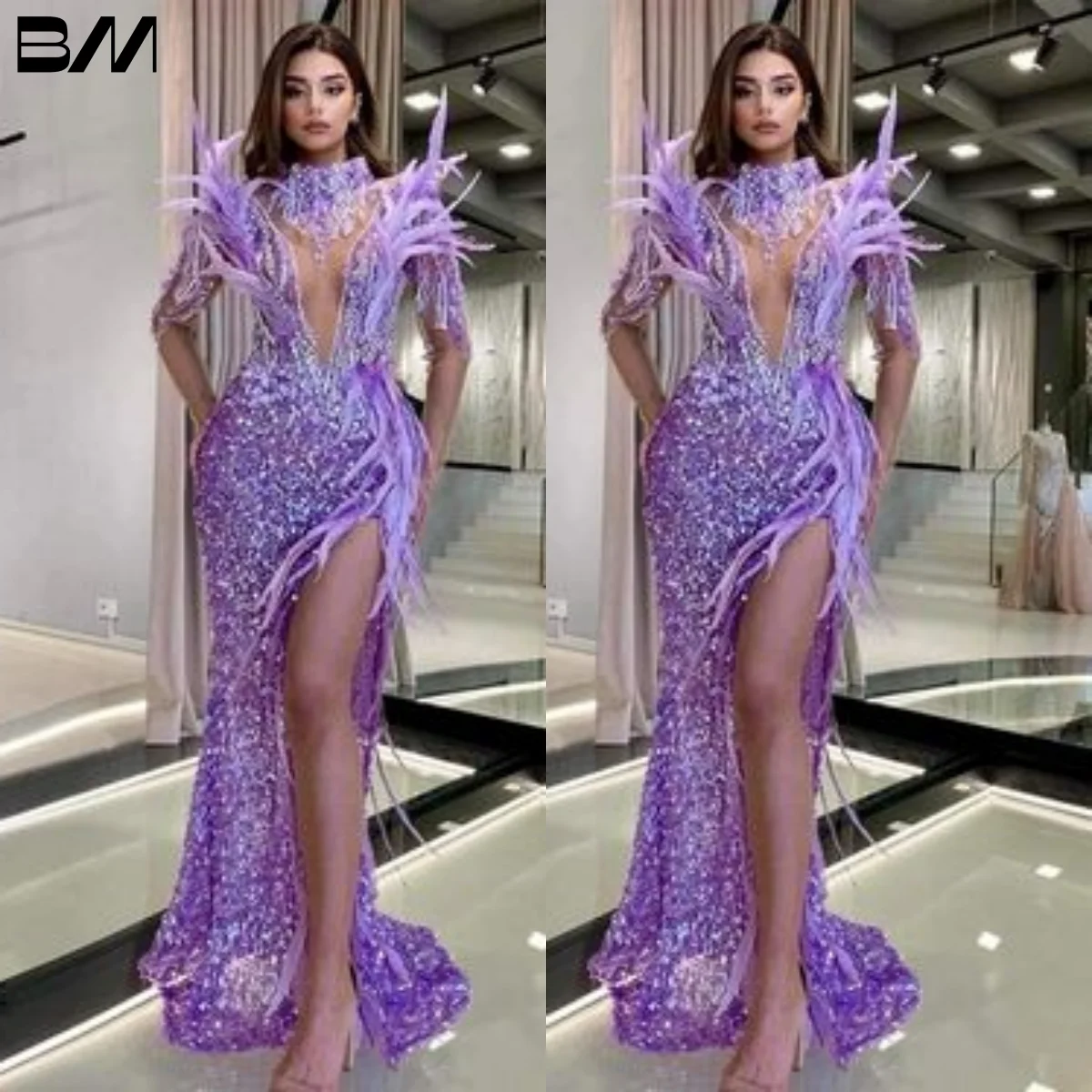 

Feathered High Side Slit Party Dress Sequined Fashion Vestidos De Noche Formal Occasion Dresses Vestidos Prom 2023