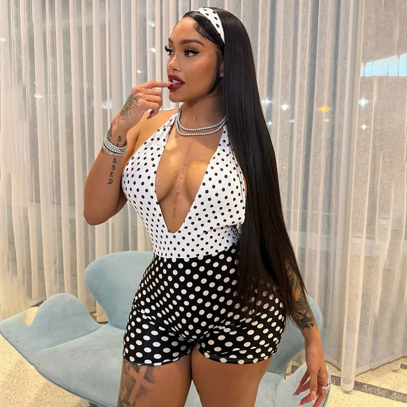 

2026 Spring Sexy Halter Backless Dot Contrast Colors Skinny Playsuit Women Drop V Sleeveless Spicy Girl Patchwork Street Rompers