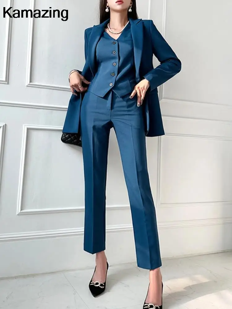 New Fashion Women Office 3 Piece Set Korean Formal Business Outfits Button Jackets V Neck Vest Pants Suit Female Clothing