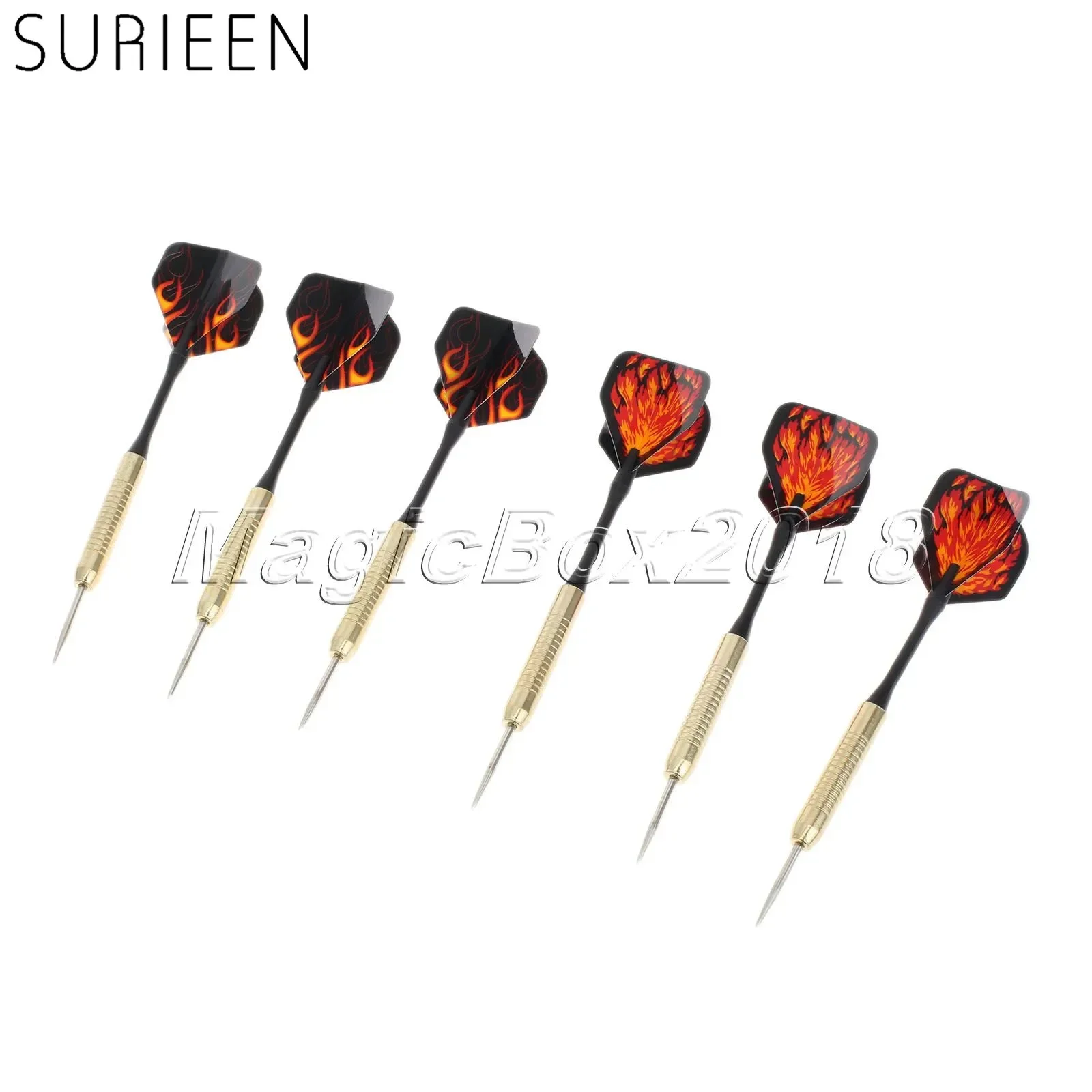 6 Pcs (2 Sets) Steel Needle Tip Iron Plated Copper Darts With Thread & Plastic Dart Shafts & Nice Fire Pattern Flights 18g Darts