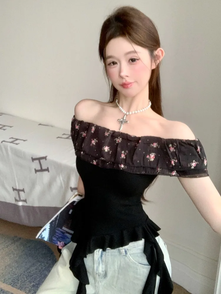 

Sexy Floral Lace Trim Asymmetrical One Shoulder T-Shirt Women Summer Outerwear Korean Style Commute Wind Soft Gentle Flower