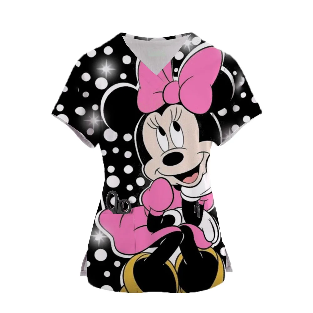 Women Minnie Mickey TShirt Short Sleeve Nurse Uniform Hospital Workers Disney Print Graphic V-Neck Tops Kawaii Working Uniform