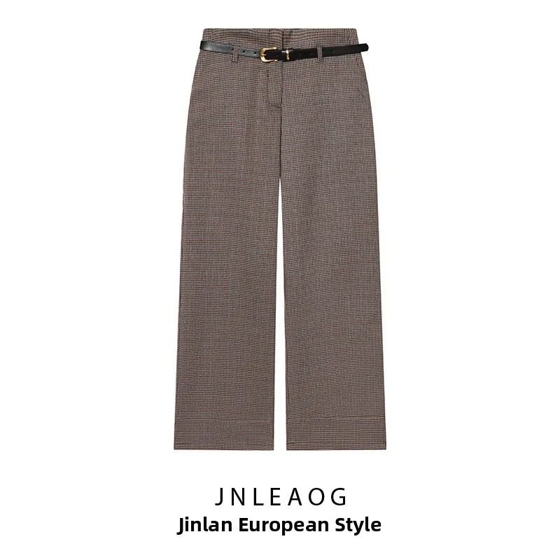 

JNLEAOG Осенние Новые Женские Модные Универсальные Брюки в Клетку с Поясом, Прямые, Уличный Стиль, на Пуговицах, из Полиэстера