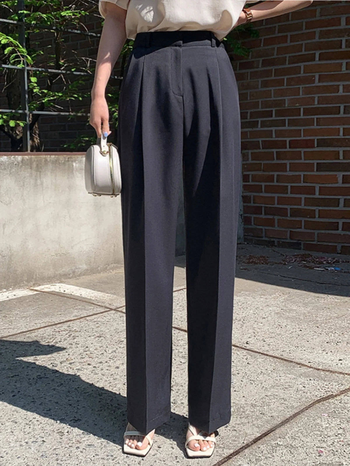 High Waist Straight Leg Suit Pants Women's Wide Leg Trousers in Beige Color for Commuting Work Professional Long Pants
