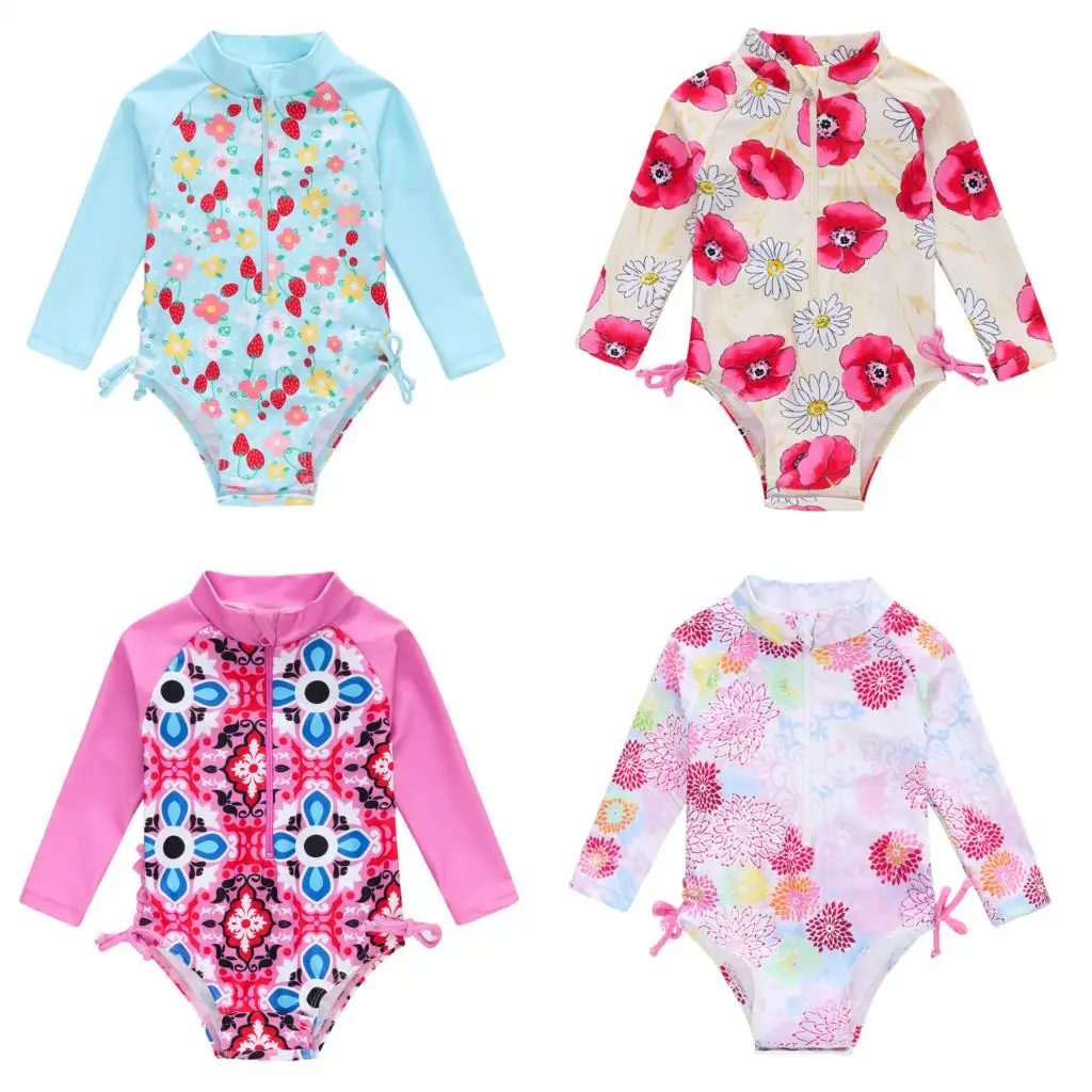 

Baby Girls Swimwear UPF 50+ Sun Protection Long Sleeve One-Piece Swimsuits With Zipper Cool Printing Beach Wear
