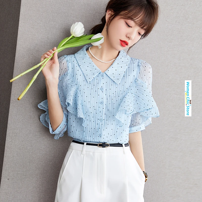 

Women Chic Spliced Ruffles Short Sleeve Dot Blue Shirt Women Tops 2024 Summer Thin Elegant Loose Sweet Blouse Lady Camisas B2301