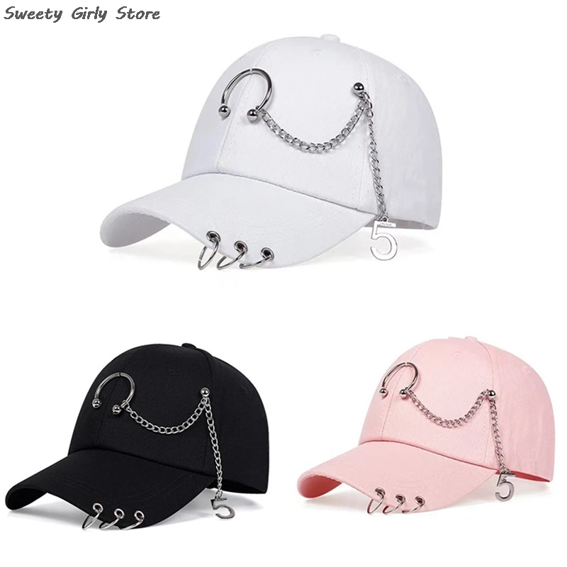 Gothic Fashion Baseball Cap With Piercing Ring Sun Protection Hip Hop Caps Metal Chains Sports Hat Outdoor Casual Punk Hats New