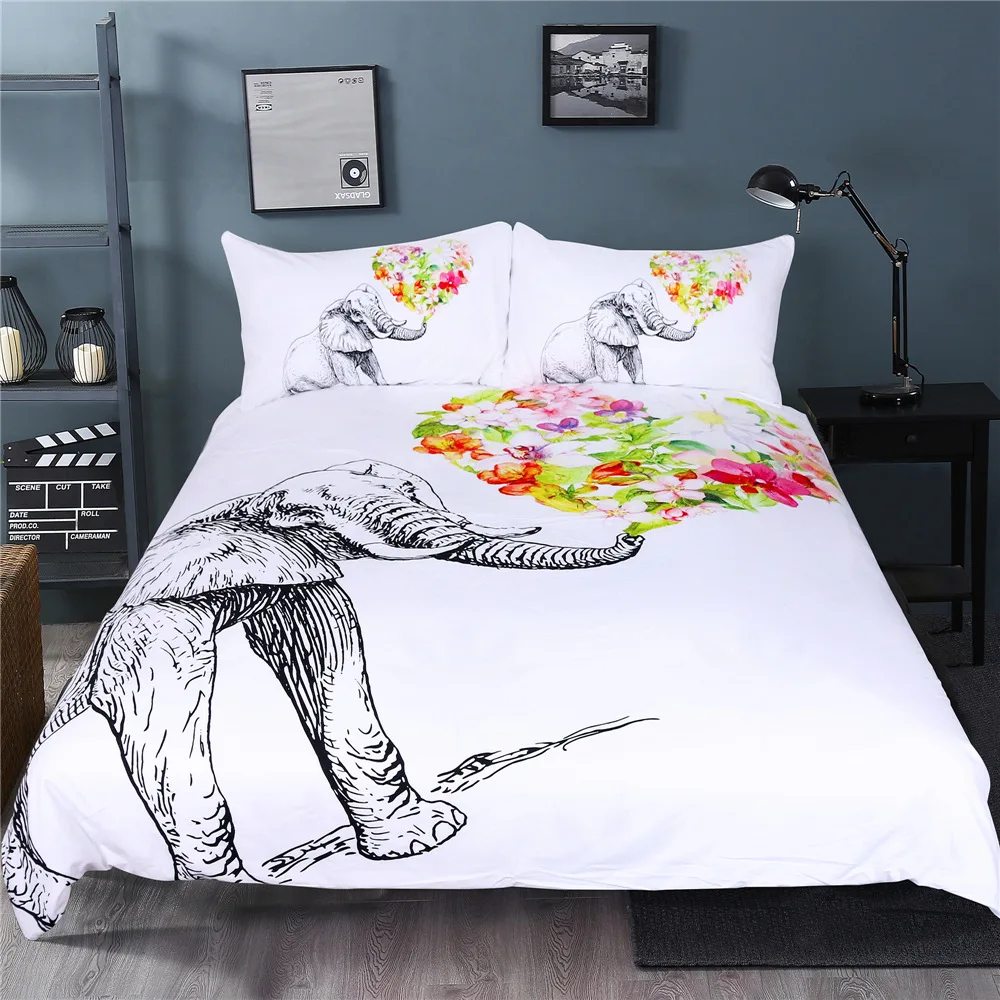 

Sketch Elephant Duvet Cover Sets Pure White Background Reactive Printing Love Flower King Size Bedding Set Hot Bed Sets RT85