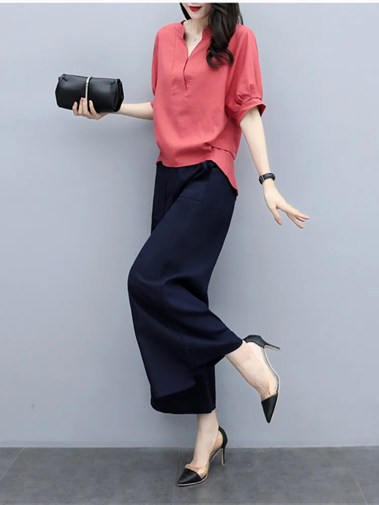 Katoenen Linnen Pak Dames Voor Zomer 2022 Nieuwe Mode Koreaanse Casual Effen Tops & Wijde Pijpen Broek 2 Stuks Vrouwelijke Outfit Kostuum