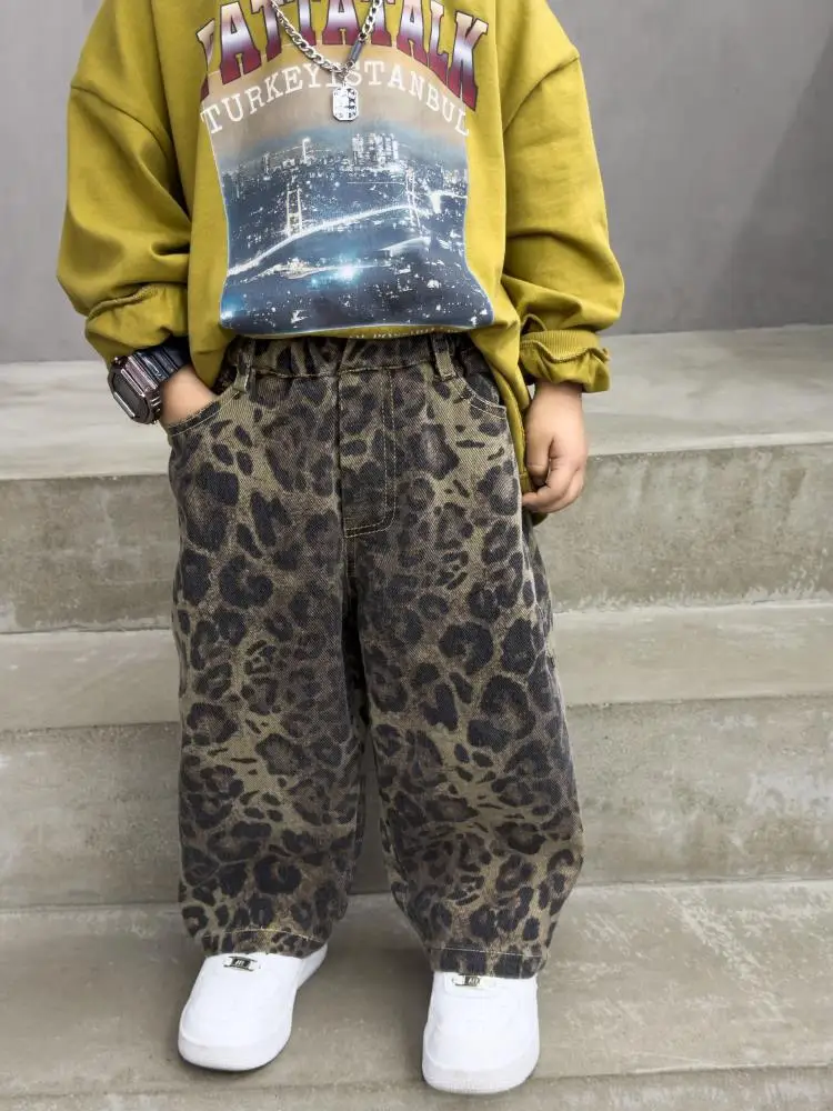Hip Hop Casual Loose Children's Pants Children's Four Seasons Pure Cotton Leopard Pattern Jeans Trendy Casual Pants