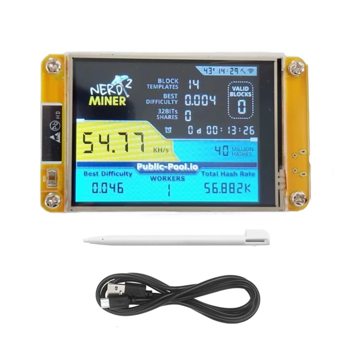 A56XQ NerdMiner 2 Penambang 55-60KH/S Layar 2.8 Inci BTC Penambang Lotere Tunggal Bitcoin BTC Penambang Solo Nerd Penambang dengan Casing