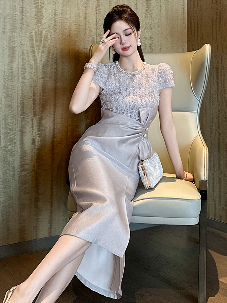 Robe de Banquet française pour femmes, douce, célébrité, dentelle transparente, diamants, paillettes, Robe de bal, nœud pliable, Corset, robes de soirée
