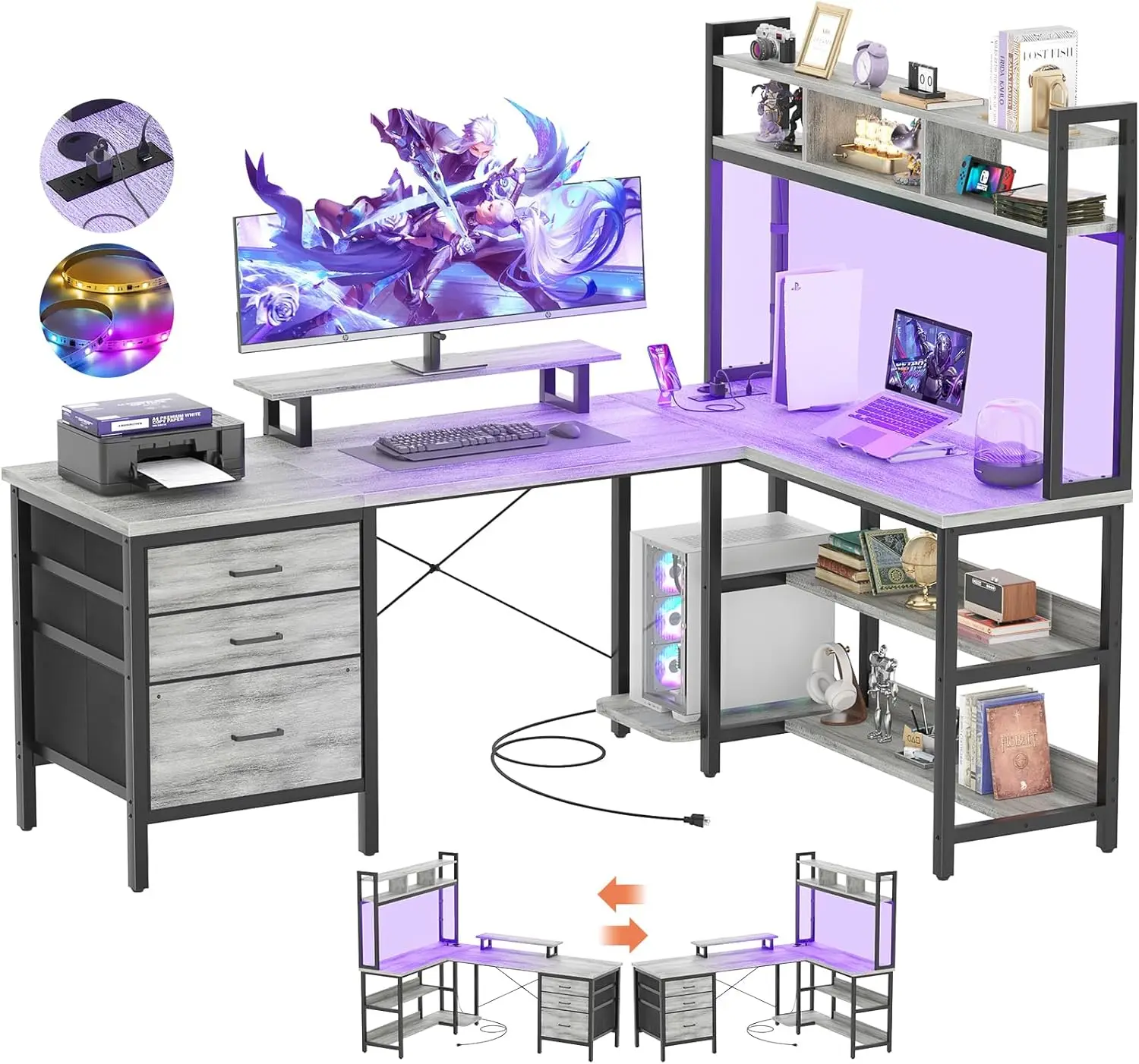 Aheaplus L Shaped Desk with Hutch, Gaming with Led Lights, Reversible Computer with Power Outlet, Corner with