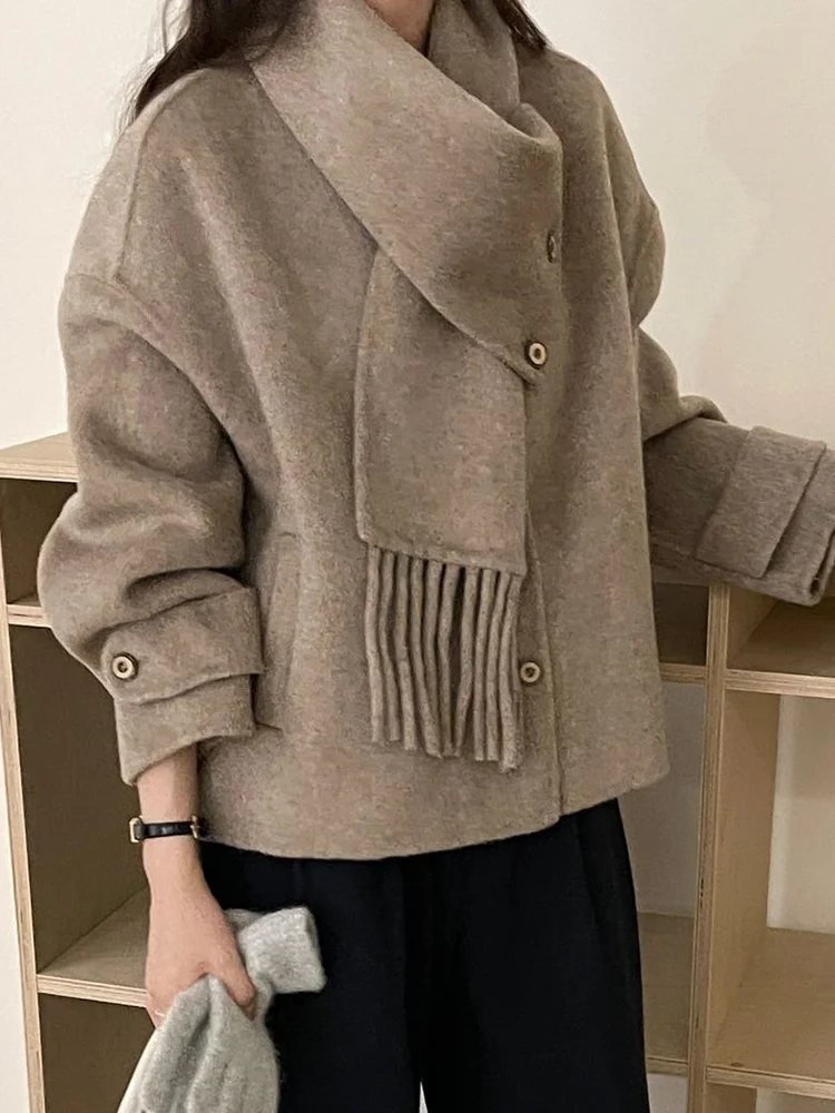 LANMREM Korean Style Wool Short Coat Women Scarf Collar Design Single Breasted Clothing Fashion Female 2024 Winter New 2VV101