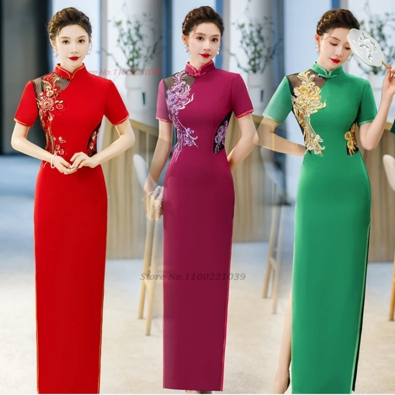 

2025 chinese vintage dress improved qipao cheongsam national flower embroidery formal dress retro banquet evening dress qipao