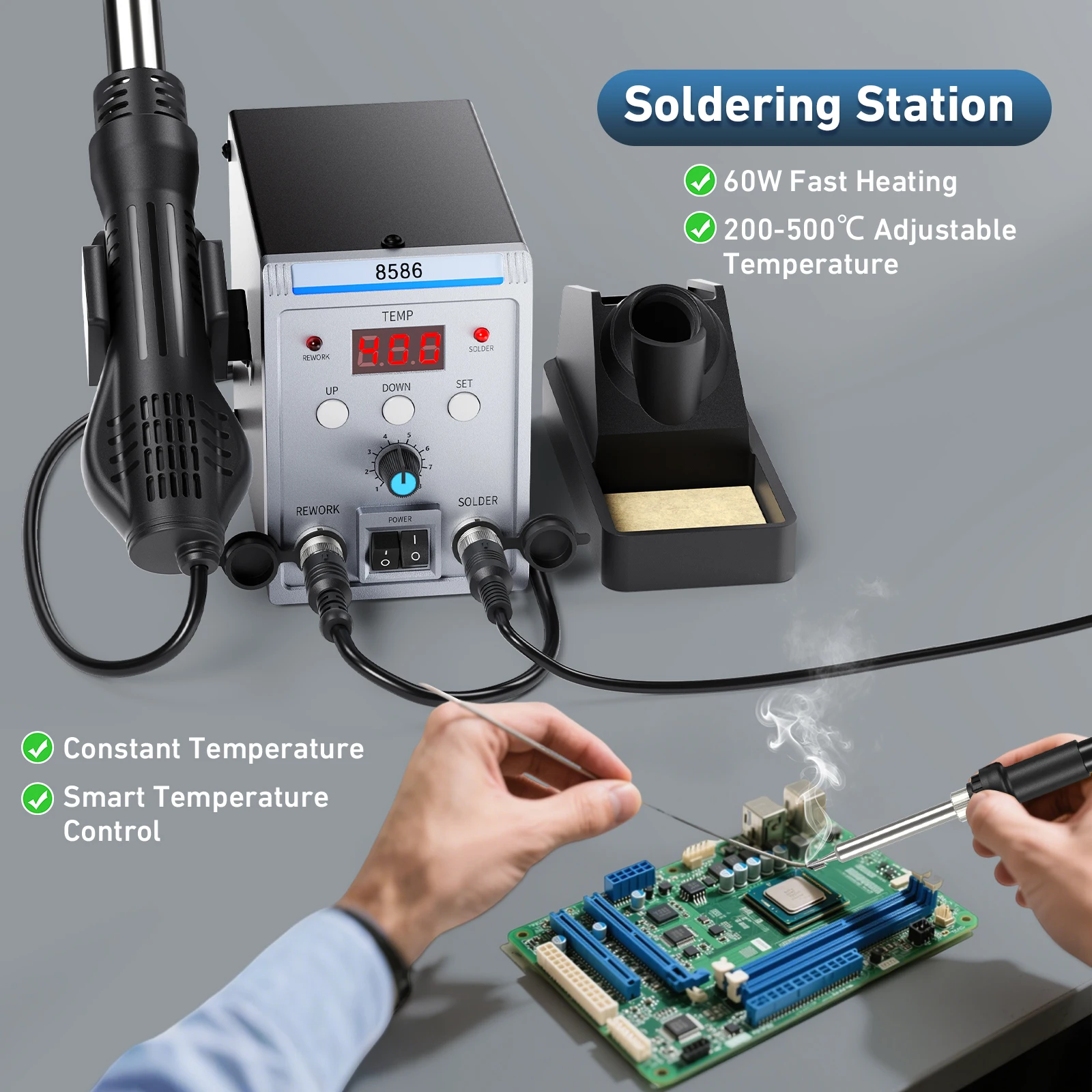 Image of 8586 2-in-1 Löt- und Reparaturstation, Digitale Heißluftpistole & Lötkolben-Set, Einstellbare Temperatur, Schlafmodus, SMD-Lötstation für Leiterplattenreparatur