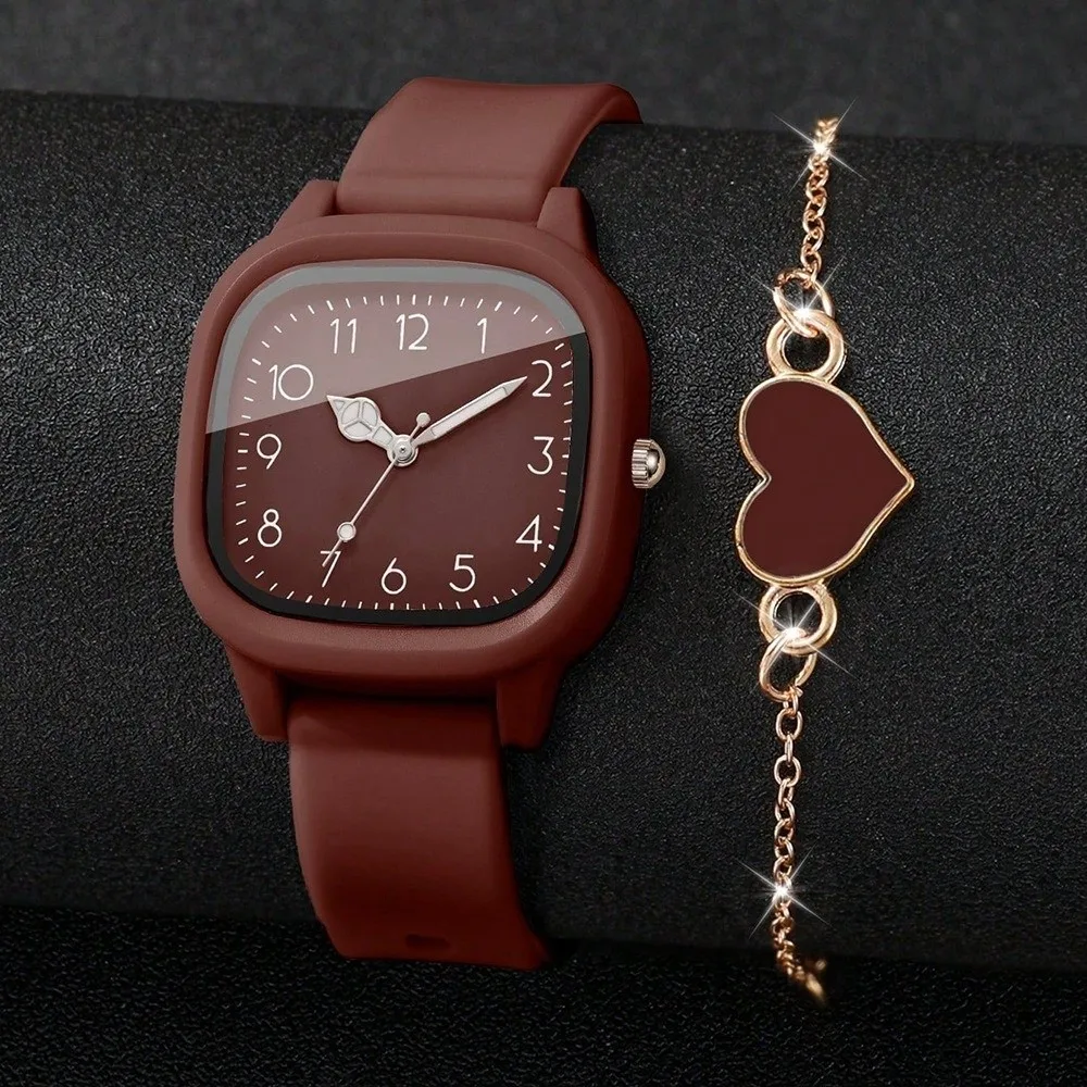 2PCS/Set Square Dial Women Quartz Watch Quartz Movement Heart Bracelet Arabic Dial Watch Silicone Strap Fashion Watch Set