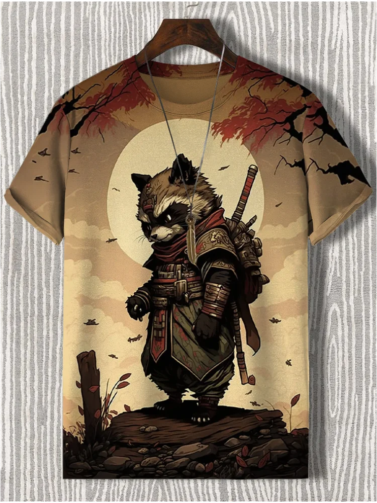 Herren-T-Shirt im japanischen Stil, Samurai-Katze, grafisches 3D-gedrucktes T-Shirt, lässig, kurzärmelig, T-Shirt, Outdoor, übergroße Herrenbekleidung, Tops