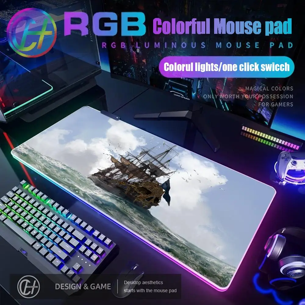 New HYBXAXC Retro Pirate Ship Nautical Map Art HD Mouse Pad RGB Gaming Mouse Pad Desk Mat HD Gamer Large LED Light XXL 90x40cm