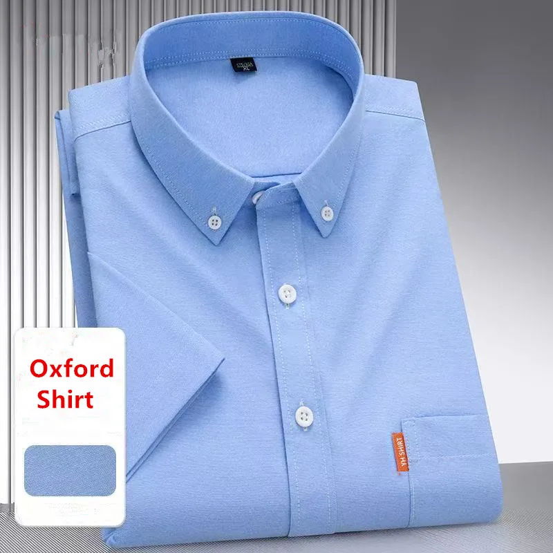 

100% Pure Cotton Men's Solid Color Shirt Short Sleeve Summer Youth Casual Oxford Button Down White Man Clothing Large Size 5XL
