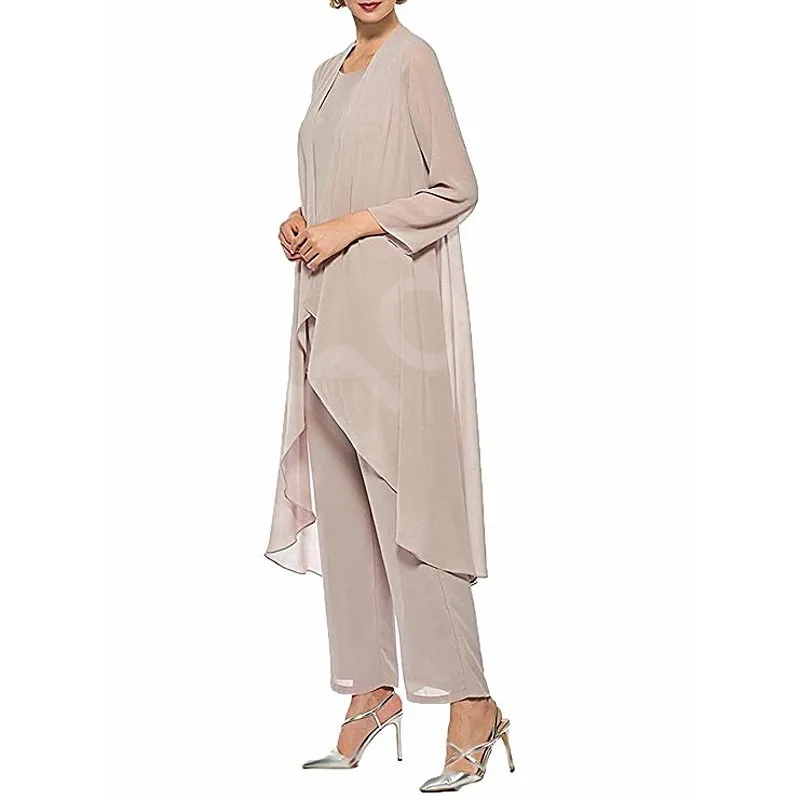 Customized Chic Mother of the Bride Pantsuit in Taupe Chiffon with 3/4 Sleeve Duster Jacket Wide Leg Pants Wedding Attire Women