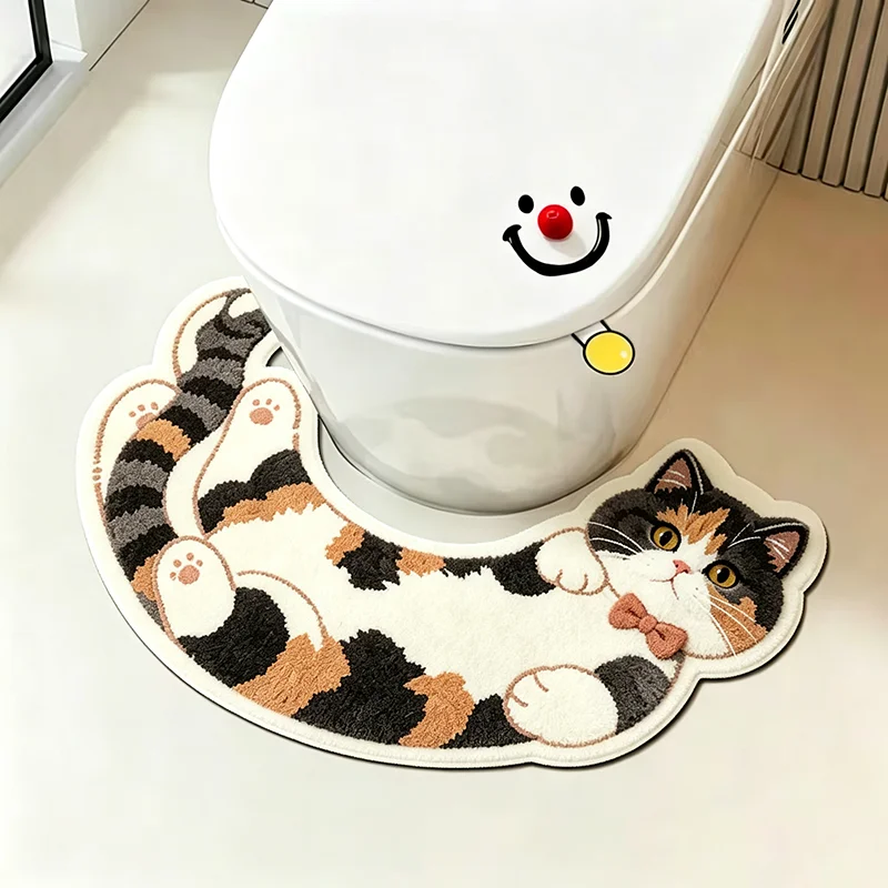 Creative Cute Cartoon Cat U‑Shaped Toilet Bath Mats Irregular Plush Bathroom Floor Mat Soft Washable Carpet Home Decoration