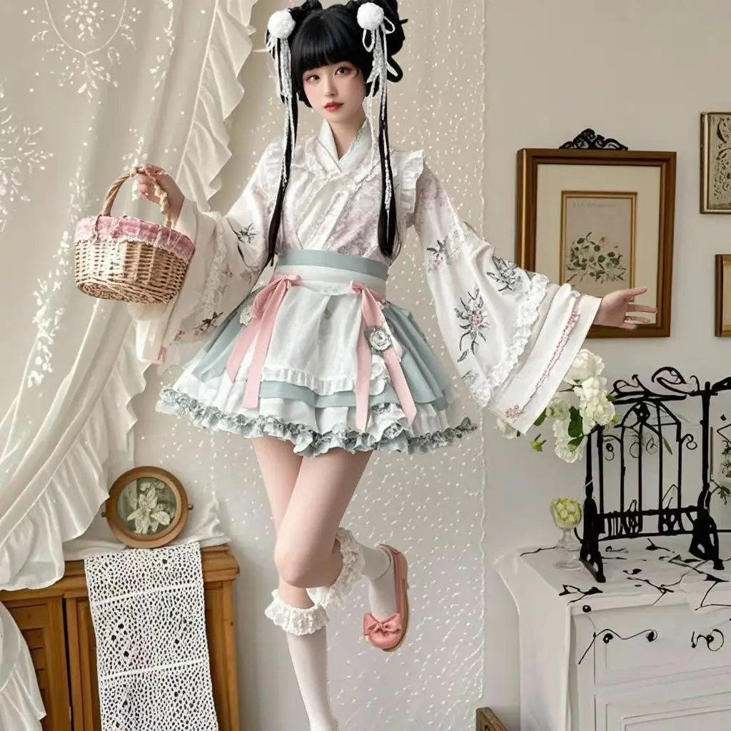 MAGOGO Chinese Style Vintage Lolita Skirt Sets Women Sweet Bow Floral Print Hanfu Top Tea Party Mini Skirt Pink Y2k Vestidos