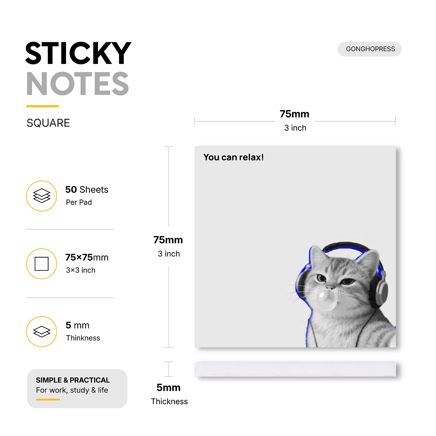 2pcs Funny Cat Sticky Notes, 100 Sheets Total, 3x3 Inch Self Stick Memo Pads, Cute Square Sticky Note Pads with Cat Design