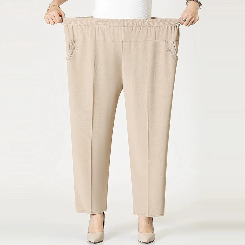 Extra Large Mom Summer Straight Pants Middle-Aged Women Elastic High Waist Grandma Ice Silk Cropped Pants Female Casual Pants