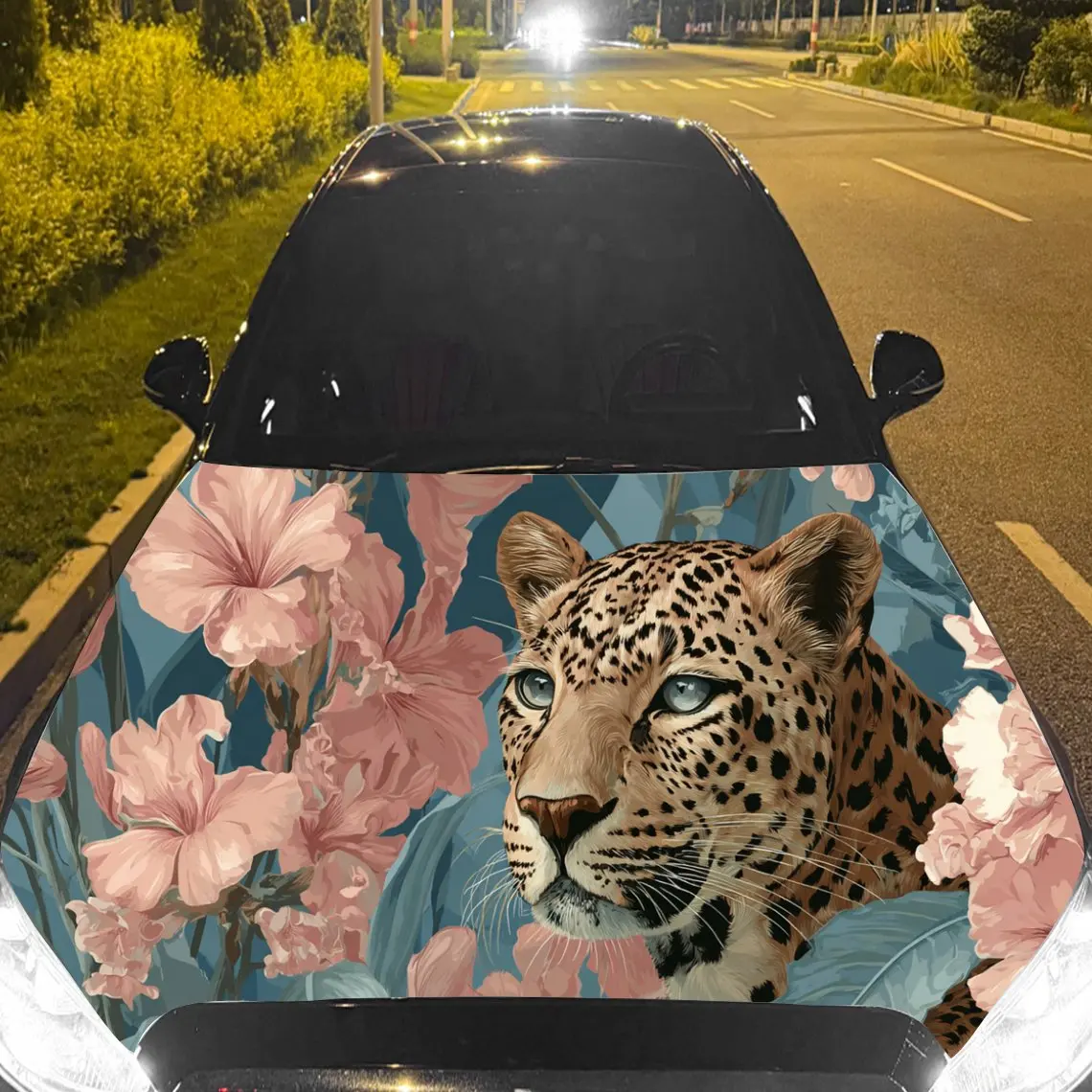 Car Decal Leopard with Pink Floral & Teal Foliage Artistic Background & Ferocious-Vintage Botanical Aesthetic Car Hood Sticker,