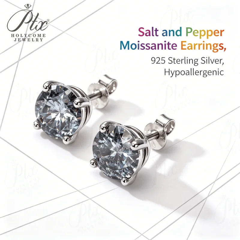 Moissanite Earrings 925 Sterling Silver Round Cut Salt and Pepper Holiday Gift Factory Direct Jewelry Lightweight & Comfortable