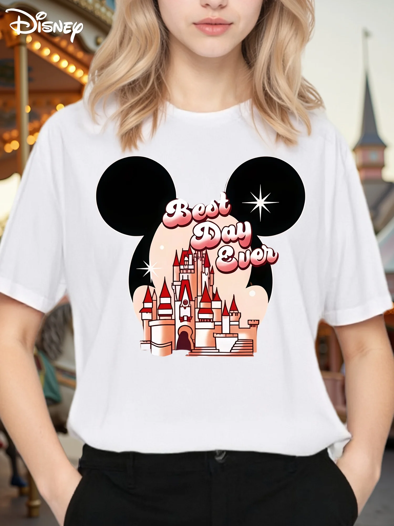 Camiseta Disney, algodão puro, padrão Castle "melhor dia", presente ideal para mulheres, ajuste confortável