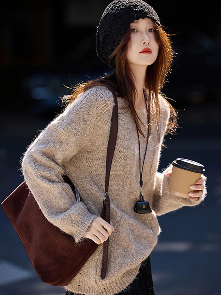 

Женский свободный вязаный свитер с V-образным вырезом, мягкий повседневный топ, подходит для прогулок, удлиненный, стандартной длины