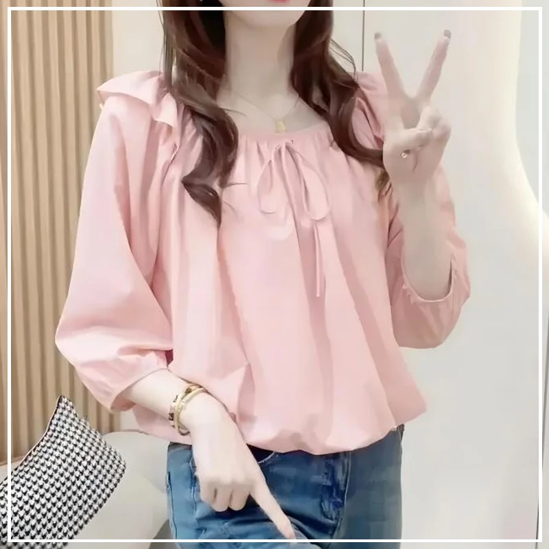 

Spring Autumn Women's 2024 New Splicing O-Neck Ruffle Fashion Solid Color Loose and Versatile Casual Long Sleeve Blouses Shirts