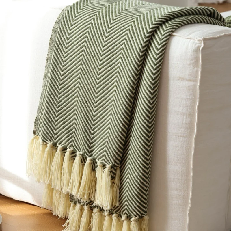 Minimalist Herringbone Knit Throw Blanket | Soft Cotton Linen Sofa Blanket with Tassels | Olive Green Home Decor Couch Bed Cover
