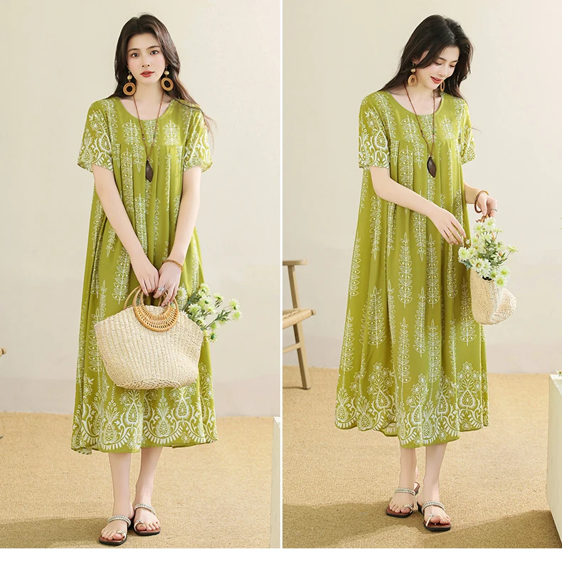 New 2025 Summer Dress For Women Plus Size Dress Casual Short Sleeve Boho Vintage Print Long Maxi Dress Beach Women Clothing